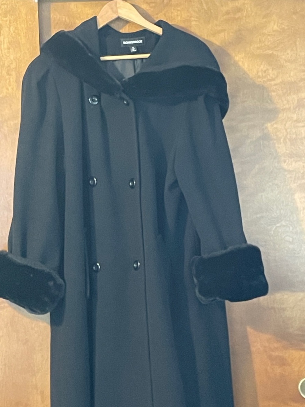 Donnybrook Double-Breasted Black  Wool Coat with Hood and Faux Fur Trim
